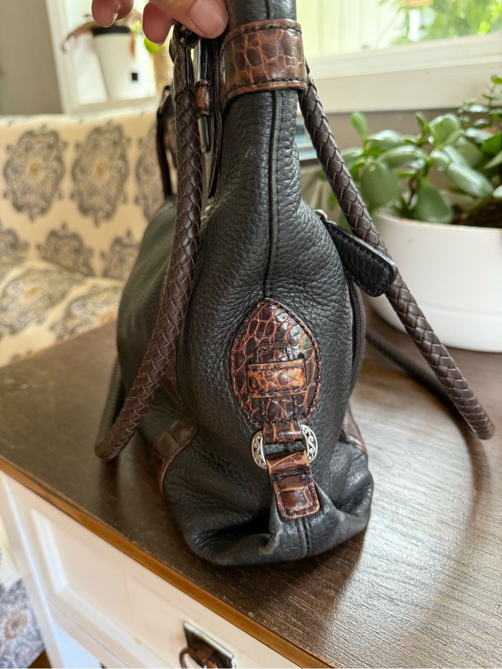 Vintage Brighton Black & Brown Pebble Leather Medium Shoulder Bag Tote Purse - Picture 4 of 12